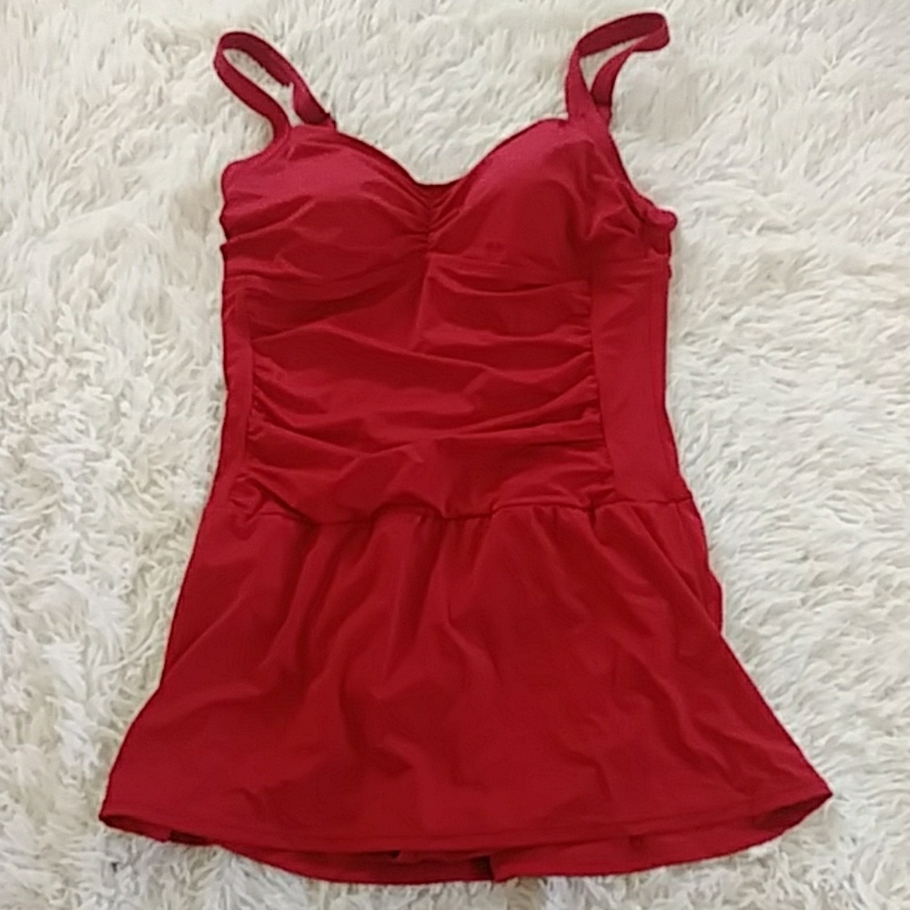 Red (full one piece) bathing suit.